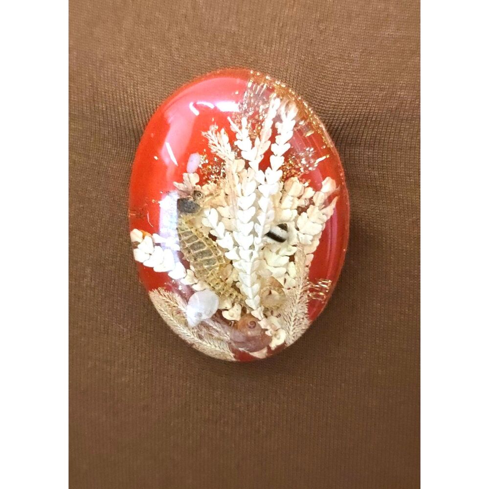 Vintage Resin Seahorse Brooch Red 3D Ocean Scene Pin Seahorse Gold Flakes 1.75"